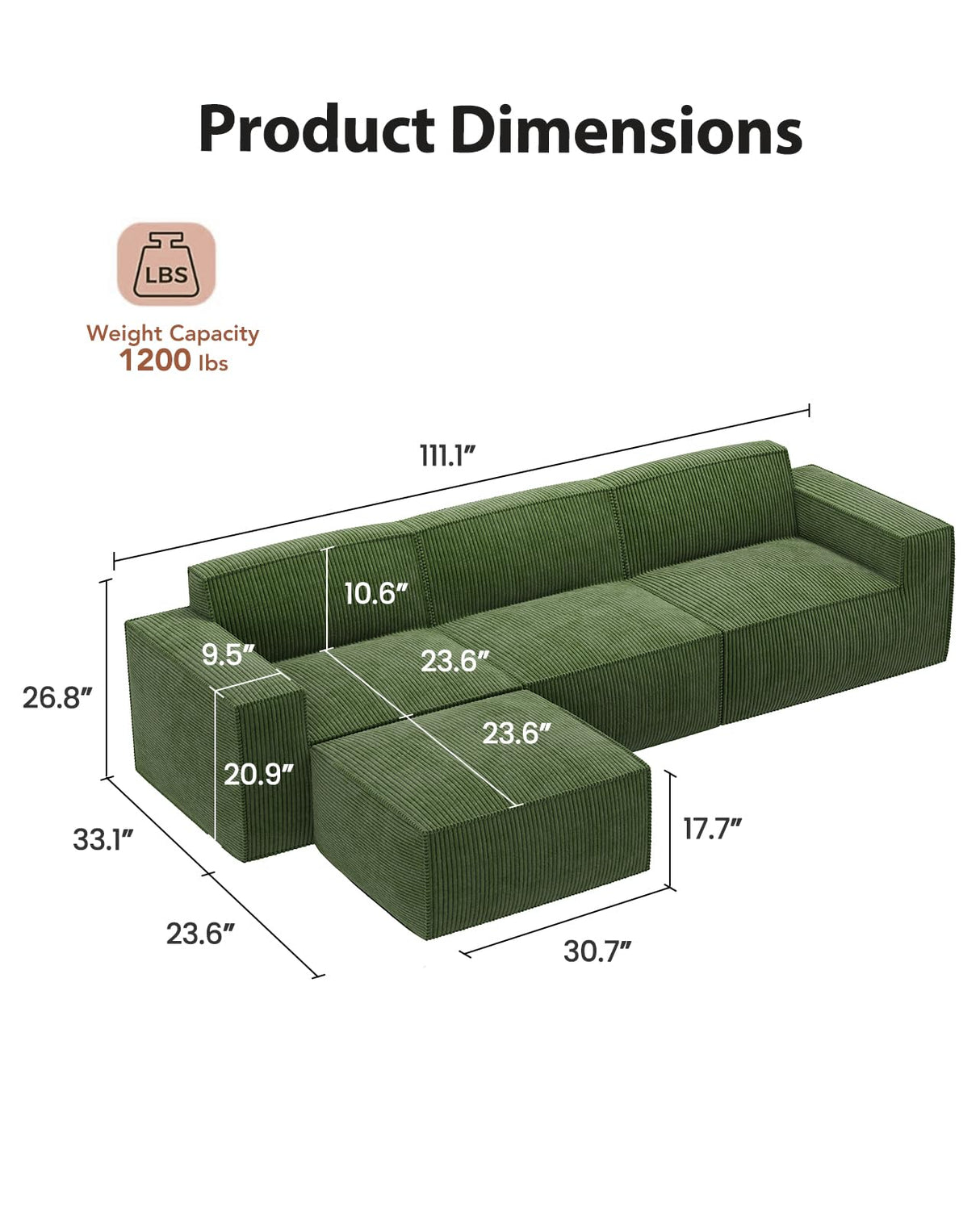 Amada 111" L Shaped Sofa Modular, Corduroy Clopud Couches with Deep Seats &High-Back, Upholstered Couches for Living Room Bedroom with Ottoman, No Assembly Required(2-Seater&1 Ottoman,Green) AMADA HOMEFURNISHING