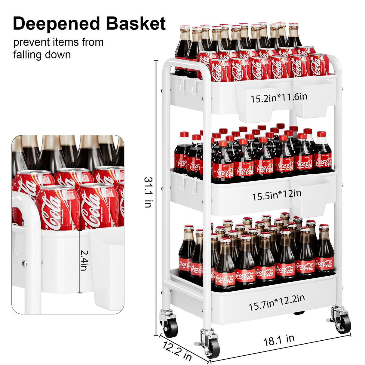 3 Tier Rolling Cart Metal with Wheels, White Three Tiered Craft Cart Organizer on Wheels, Storage Utility Carts for Art, Baby Nursery,Diaper Caddy, Cleaning Supplies, Nail,Lash,Snack,Book,Roller Shelf Aofure