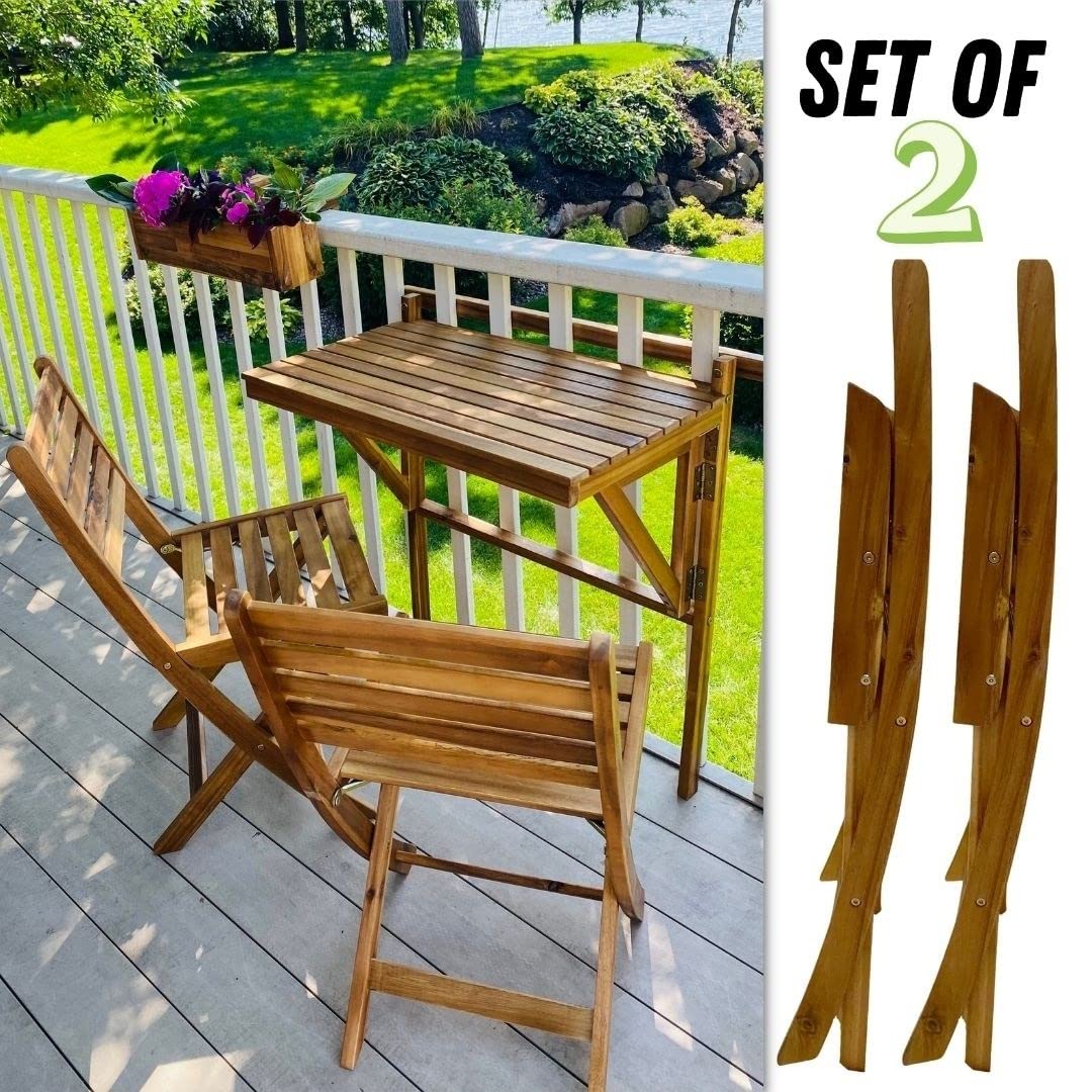 Patio Wise Outdoor Folding Patio Chair Set, 2 Foldable Acacia Wood Seats, Backyard, Balcony, Porch, & Garden Furniture, 15-1/2-Inches Wide x 15-3/4-Inches Deep x 32-Inches High, Teak - WoodArtSupply