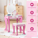 Costzon Kids Vanity Set with Mirror, 2 in 1 Wooden Princess Makeup Dressing Table with Detachable Top, Toddler Girls Vanity with Drawer & Stool, Pretend Play Vanity Set for Little Girls, Pink Costzon