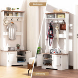 TOOBVEST Hall Tree with Shoe Storage, 5-in-1 Farmhouse Coat Rack with Shoe Bench, Standing Shoe Rack with 3 Hooks for Front Door Entrance Mudroom Entryway Bedroom Hallway Living Room, White and Walnut TOOBVEST