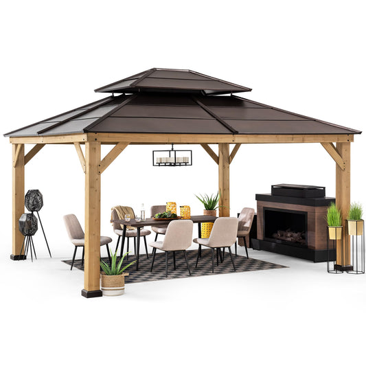 Sunjoy Hardtop Gazebo 13' X 15' Cedar Framed Wood Gazebo with Brown Double Steel Hardtop Roof Permanent Canopy for Garden, Backyard Shade… - WoodArtSupply