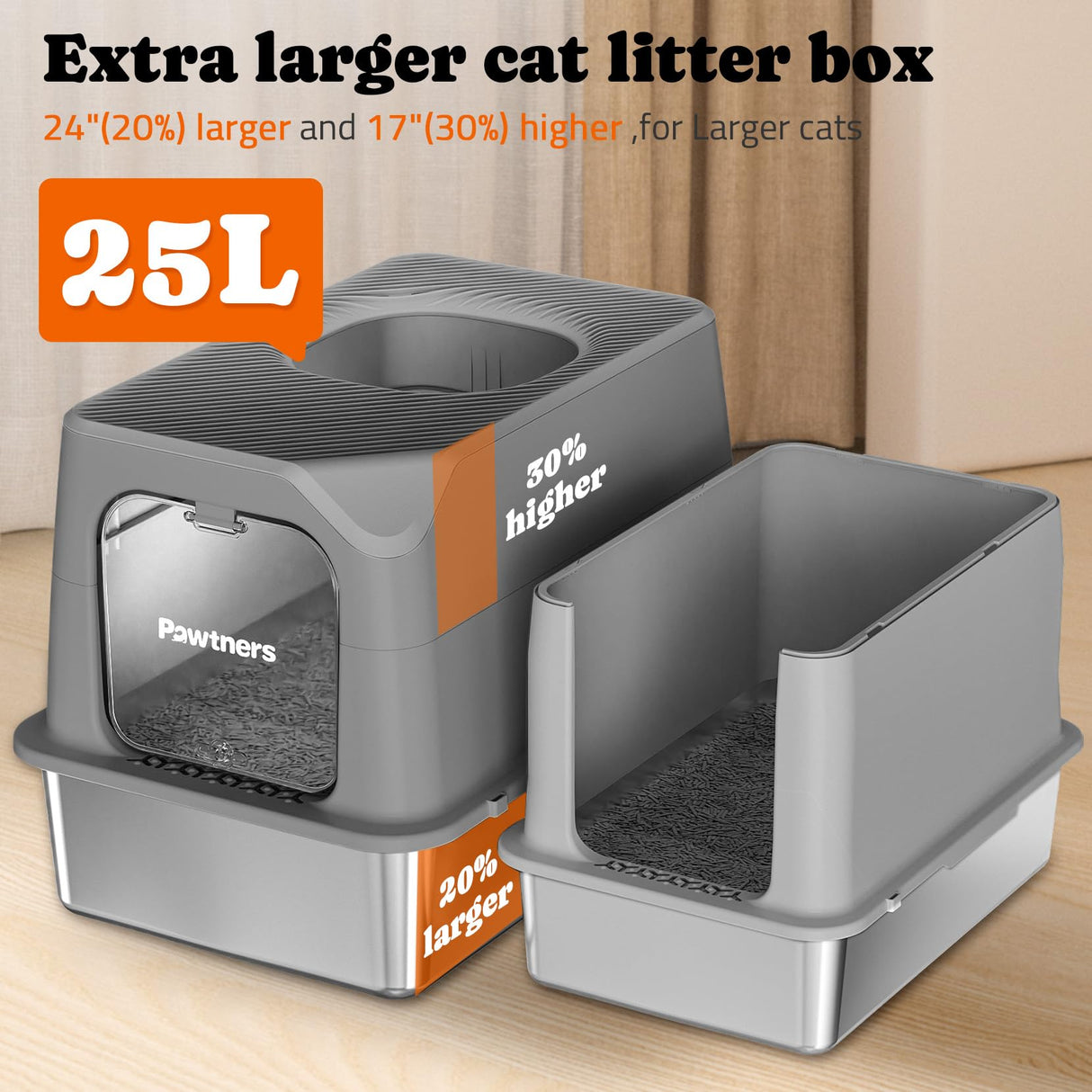 Pawtners Stainless Steel Cat Litter Box, XL Extra Large Kitty Litter Pan, Front Entry Top Exit Hooded Metal Cat Toilet for Odor Control with Removable Lid & Scoop, Anti-Leakage, Easy to Clean Pawtners