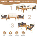 PATIOJOY 8 Pieces Outdoor Acacia Wood Furniture Set, Outdoor PE Wicker Conversation Set with Coffee Table and Soft Cushions, Outdoor Sofa Set for Garden, Poolside and Backyard (2, Off White) PATIOJOY