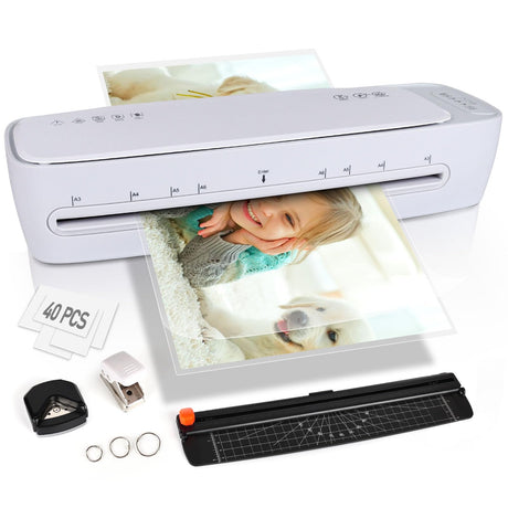 Laminator 13 Inch A3 Laminator Machine, 9 in 1 Desktop Thermal Laminator Never Jam 40 Laminating Pouches, Paper Trimmer and Corner Rounder, 1Min Fast Warm-Up Home Office School Use, Pure White Zyerch