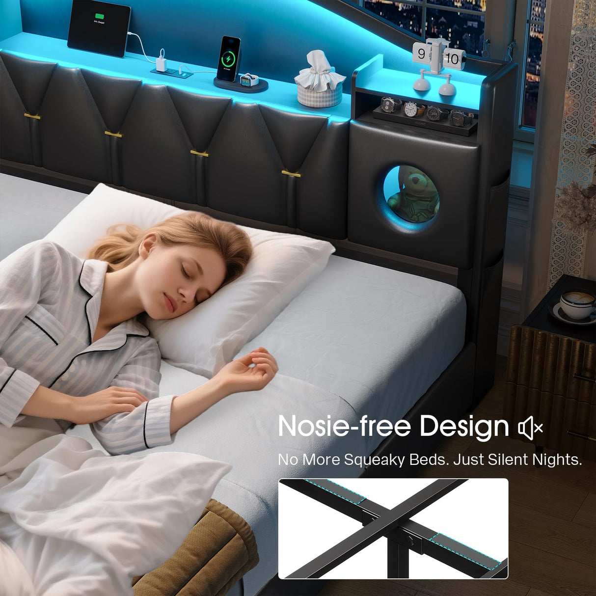 King Size Bed Frame,Platform Bed Frame King Size with 6 Storage Drawers & Headboard, King Bed with LED Lights&Charging Station,Sturdy Metal Slats,Noise-Free,No Box Spring Needed,Easy Assembly,PU Black Tagafi