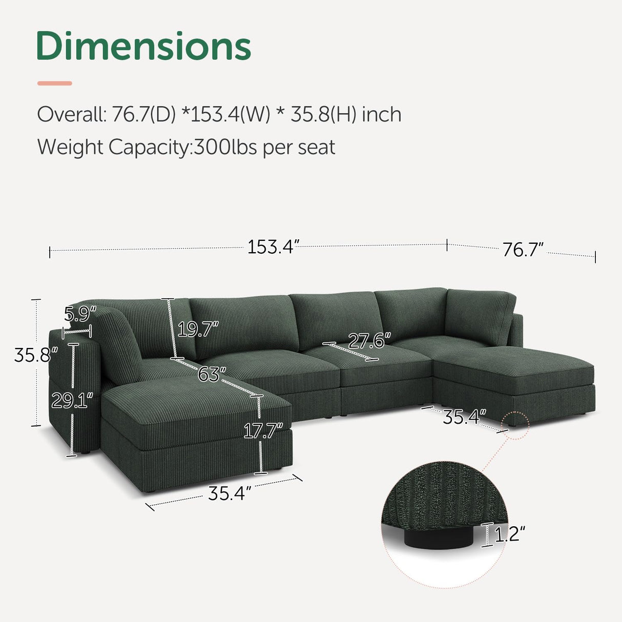 HONBAY Modular Sectional Couch with Storage Corduroy Sectional Sofa with Chaise U Shaped Sectional Couches for Living Room,Green HONBAY