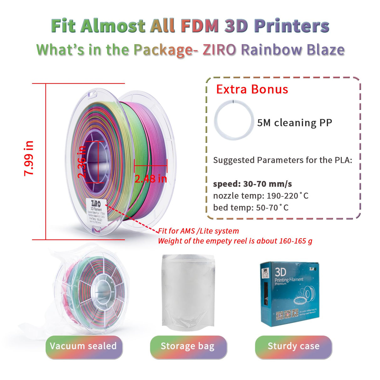 ZIRO 3D Printer Filament PLA, Fast Color Changing Filament(Matte), Color Change by Length PLA, Fit Most FDM 3D Printers, Matte Finish 1KG/ 2.2lbs Spool, Rainbow Blaze ZIRO