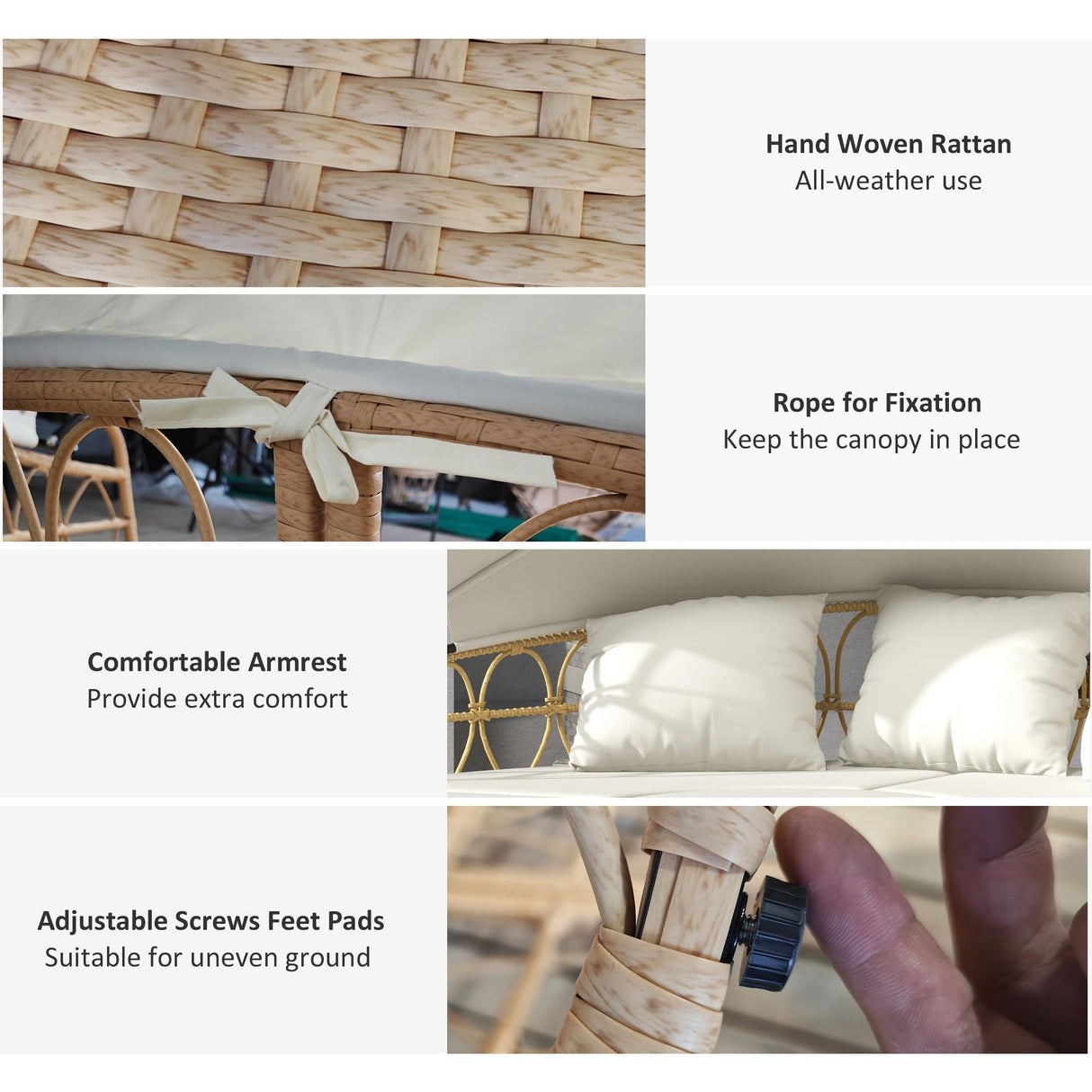 Outsunny Patio Furniture Set, Round Outdoor Daybed with Washable Couch Cushions, Hollow Wicker PE Rattan Sectional Sofa with Retractable Canopy for Pool, Lawn, Cream White Outsunny