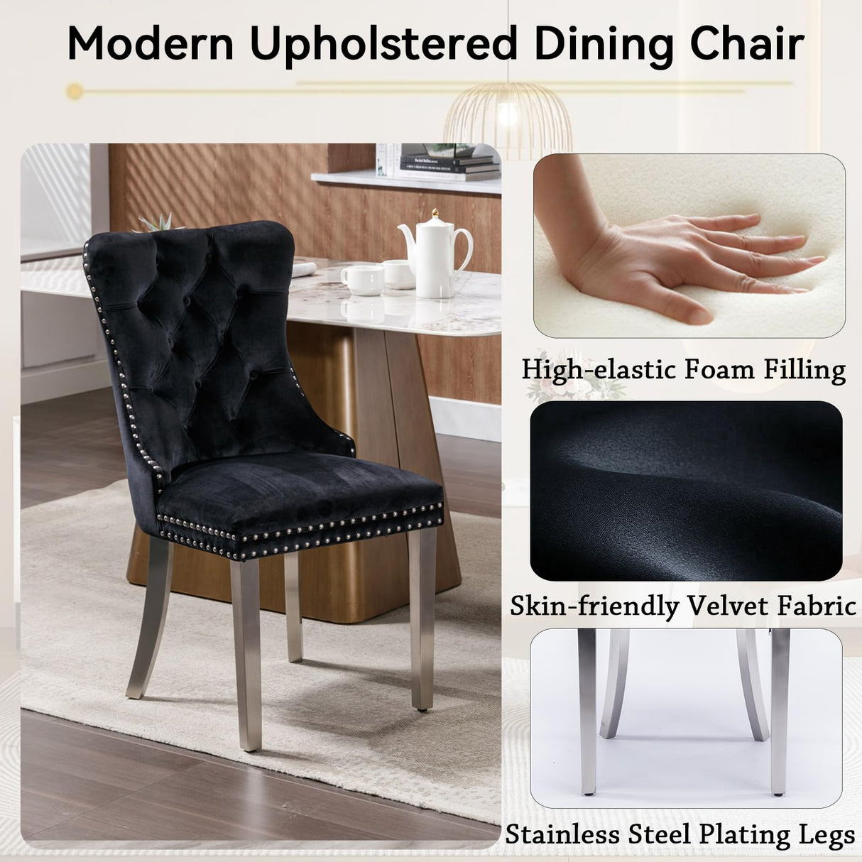 Henf 9 Pieces Extendable Dining Table Set for 8, 63"-79" White Marble Grain Extendable Kitchen Table Set w/8 Black Tufted Chairs,Mid-Century Modern Expandable Wood Dining Room Tables Set for 8 Henf