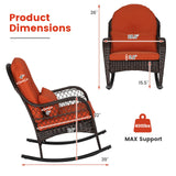MEDIMALL Outdoor Wicker Rocking Chair, Patio Rattan Rocker w/Lumbar Pillow, Padded Seat & Back Cushions, Metal Frame, Mix Brown Wicker Furniture for Balcony, Porch, Deck, Backyard (Red) MEDIMALL