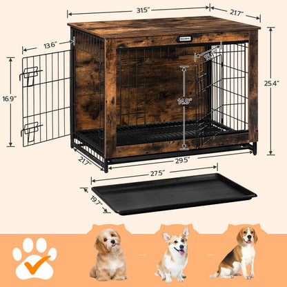 HOOBRO Dog Crate Furniture, Indoor Dog Kennel, Wooden Dog Furniture with Pull-Out Tray, Double Doors Dog House, Modern Side End Table for Medium/Large/Small Dog, 32.5" L, Rustic Brown BF802GW - WoodArtSupply