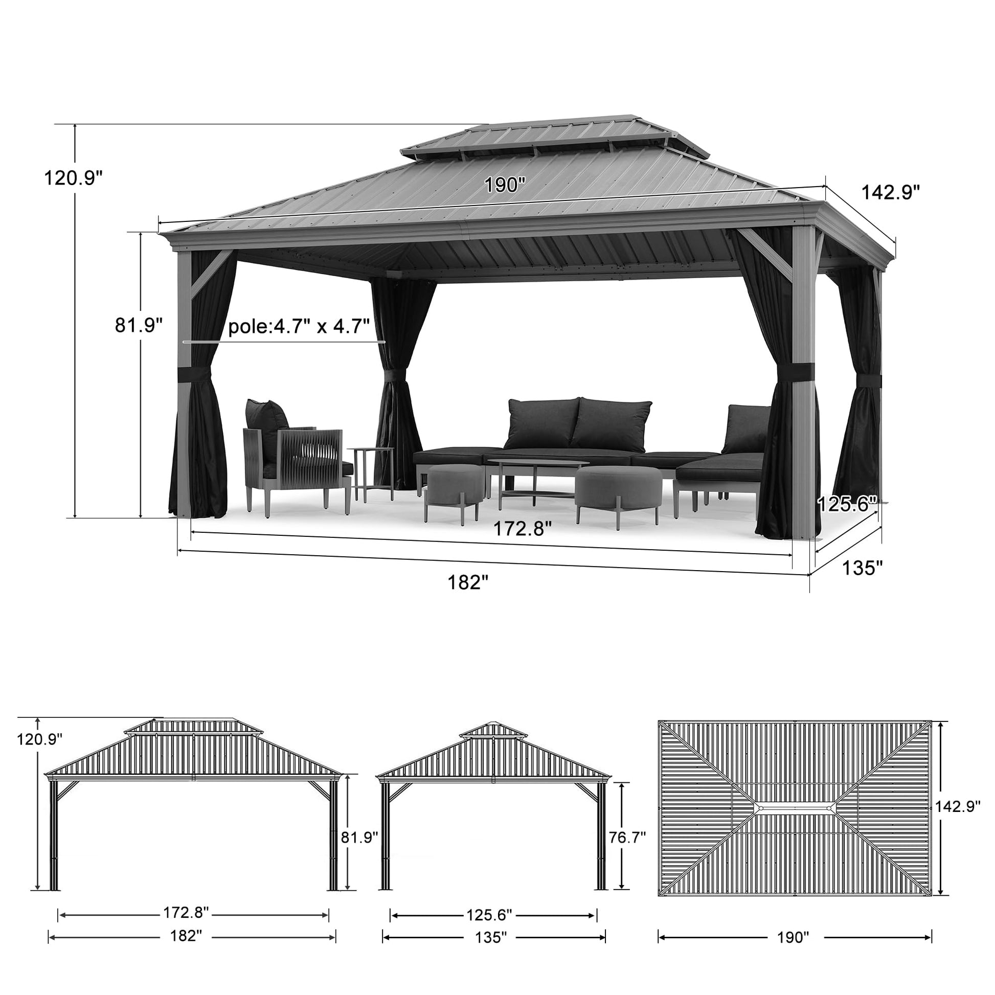 PURPLE LEAF 12' x 16' Hardtop Aluminum Gazebo with Double Metal Roof Heavy Duty Permanent Gazebo for Patio Deck Lawn Garden All Weather Outdoor Pavilion Gazebo, Light Grey - WoodArtSupply