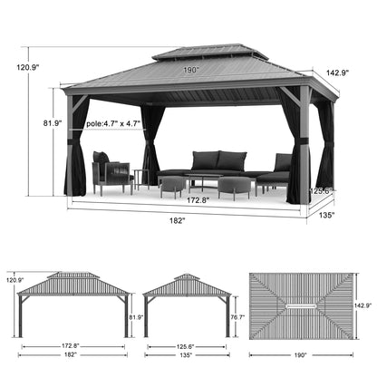 PURPLE LEAF 12' x 16' Hardtop Aluminum Gazebo with Double Metal Roof Heavy Duty Permanent Gazebo for Patio Deck Lawn Garden All Weather Outdoor Pavilion Gazebo, Light Grey - WoodArtSupply