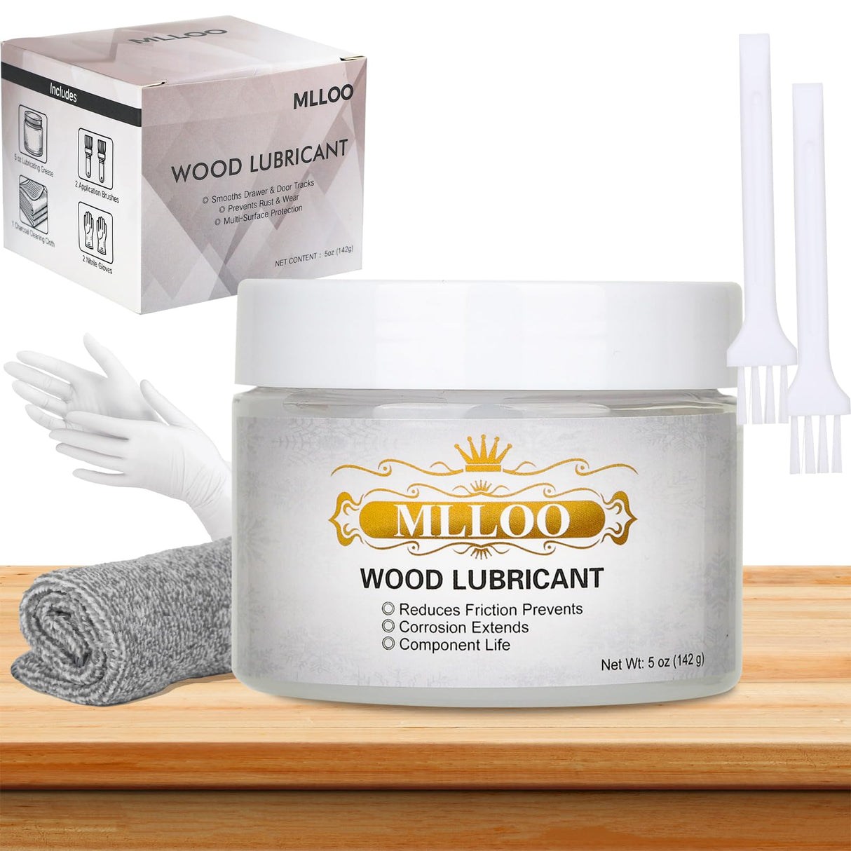 Wood Lubricant,5oz Multi-Purpose Paste Wood Wax for Home,Restore & Maintain Wooden Slide,Loosen Drawer Slide,Drawers, Doors, Hinges,Eliminate Sticking & Noise, Includes Cloth, Brushes & Gloves MLLOO
