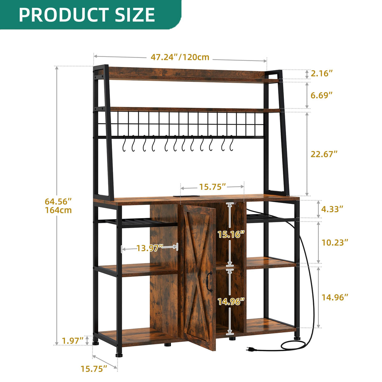YITAHOME Large Bakers Rack with Power Outlet and Storage Cabinet, 47 Inch Farmhouse Coffee Bar Cabinet, Kitchen Microwave Stand with Wine Shelves and 12 Hooks, Rustic Brown YITAHOME