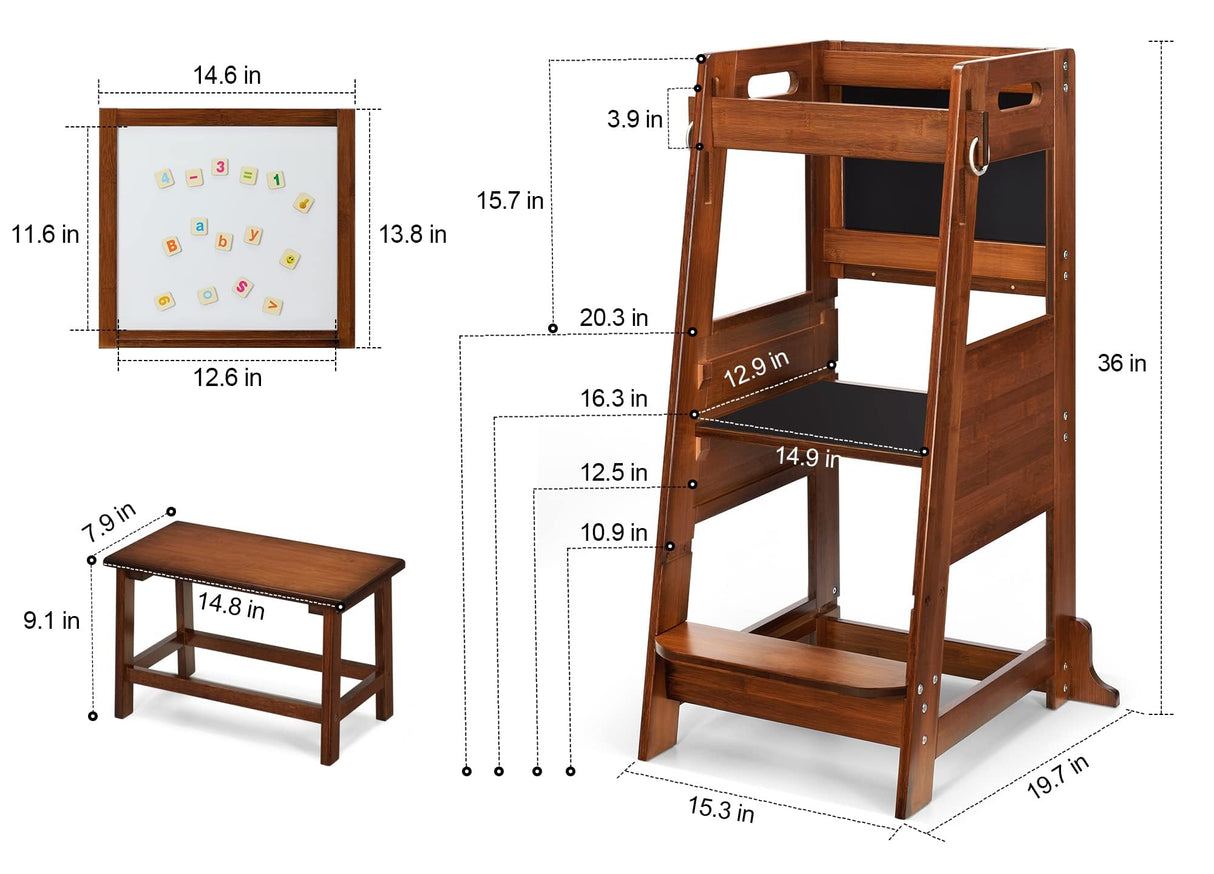 TOETOL Bamboo Toddler Step Stool Learning Kitchen Stool Standing Tower for Toddler Kitchen Counter Helper Stool 3 Height Adjustable with Activity Chalkboard and Whiteboard Message Boards,Non-Slip Mat TOETOL