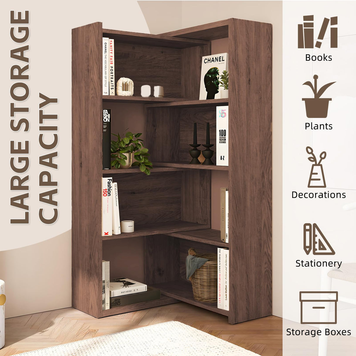 AKFJOSGE Expandable 3-in-1 Convertible Bookcase with Adjustable Width, Corner & Straight Shelf Design, 4-Tier Modern Storage Organizer, Space-Saving Wooden Bookshelf for Living Room, Bedroom AKFJOSGE