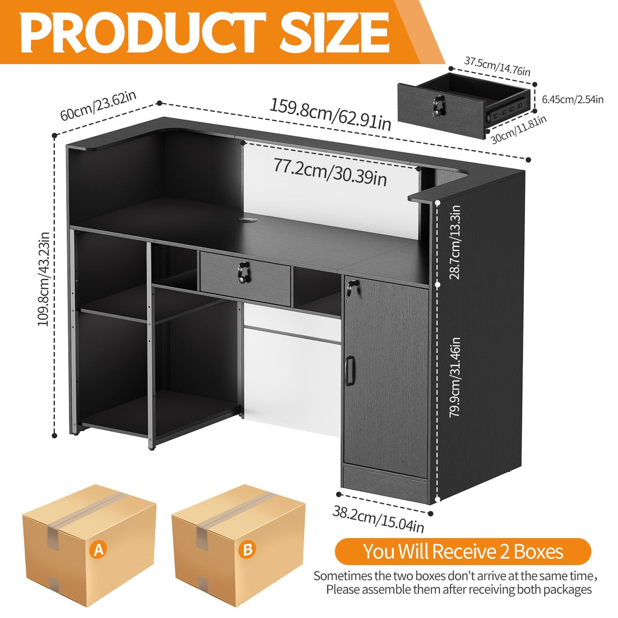 PAKASEPT Modern Reception Desk with LED Lights, 63 Inches Front Counter Table with Lockable Drawer & Shelves, Checkout Counter for Reception Room, Lobby, Beauty Salon, Retail, Office(Black) PAKASEPT