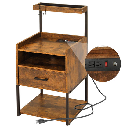 AOGLLATI Nightstand Set of 2 with Charging Station, Rustic Brown Night Stands for Bedroom Set of 2, Bedside Table with Storage Drawer and LED Light,