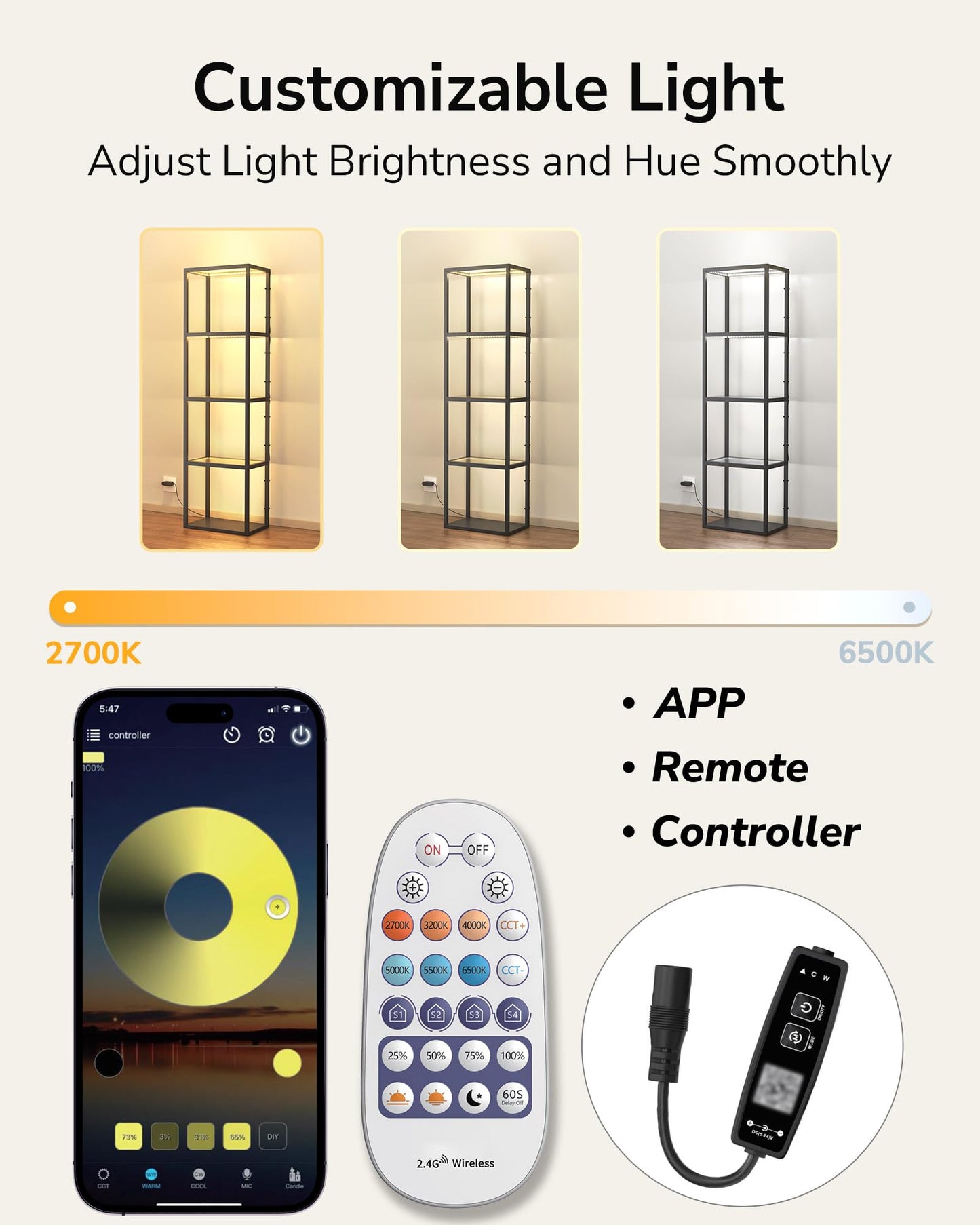 JACKYLED Display Cabinet with LED Lights 4-Tier Curio Cabinet with Customizable Warm/White Light Remote App and Button Control, Music Sync, Square Glass Shelf for Room Decor & Collection Display Case