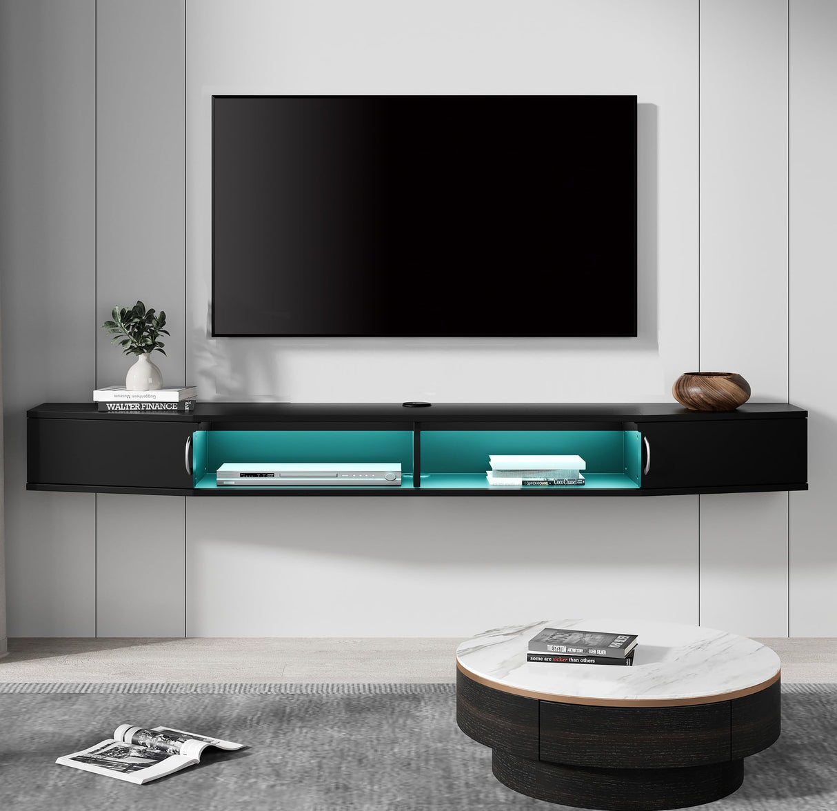 FITUEYES Floating TV Stand Wall Mounted Shelf with 16 LED Lights, Wood Media Console Entertainment Center Under TV, Cabinet Hutch Desk Storage for Home and Office,Black FITUEYES