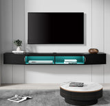 FITUEYES Floating TV Stand Wall Mounted Shelf with 16 LED Lights, Wood Media Console Entertainment Center Under TV, Cabinet Hutch Desk Storage for Home and Office,Black FITUEYES