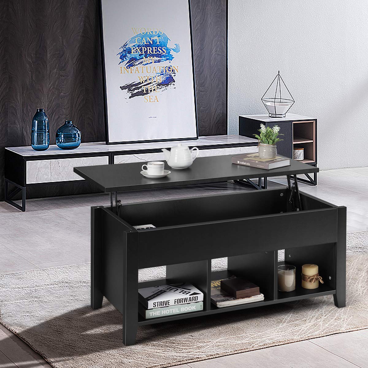 Tangkula Lift Top Coffee Table, Wood Home Living Room Modern Lift Top Storage Coffee Table w/Hidden Compartment Lift Tabletop Furniture (Black) - WoodArtSupply