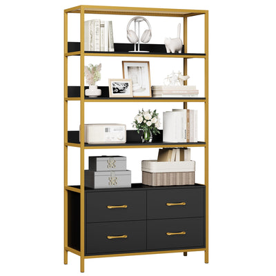 HITHOS 5 Tier Bookshelf with Drawers, 71" Tall Bookcase with Shelves, 35.4" Wide Free Standing Book Storage Shelf, Modern Wood Display Cabinet for Living Room, Study, Home Office, Gold Black