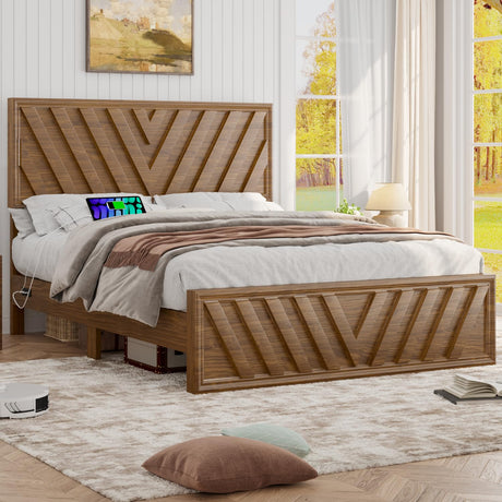 Incyneva Queen Bed with Adjustable Headboard, Farmhouse Platform Bed Wood with LED Light and Charging Station, Diagonal Line & Rustic Brown Incyneva