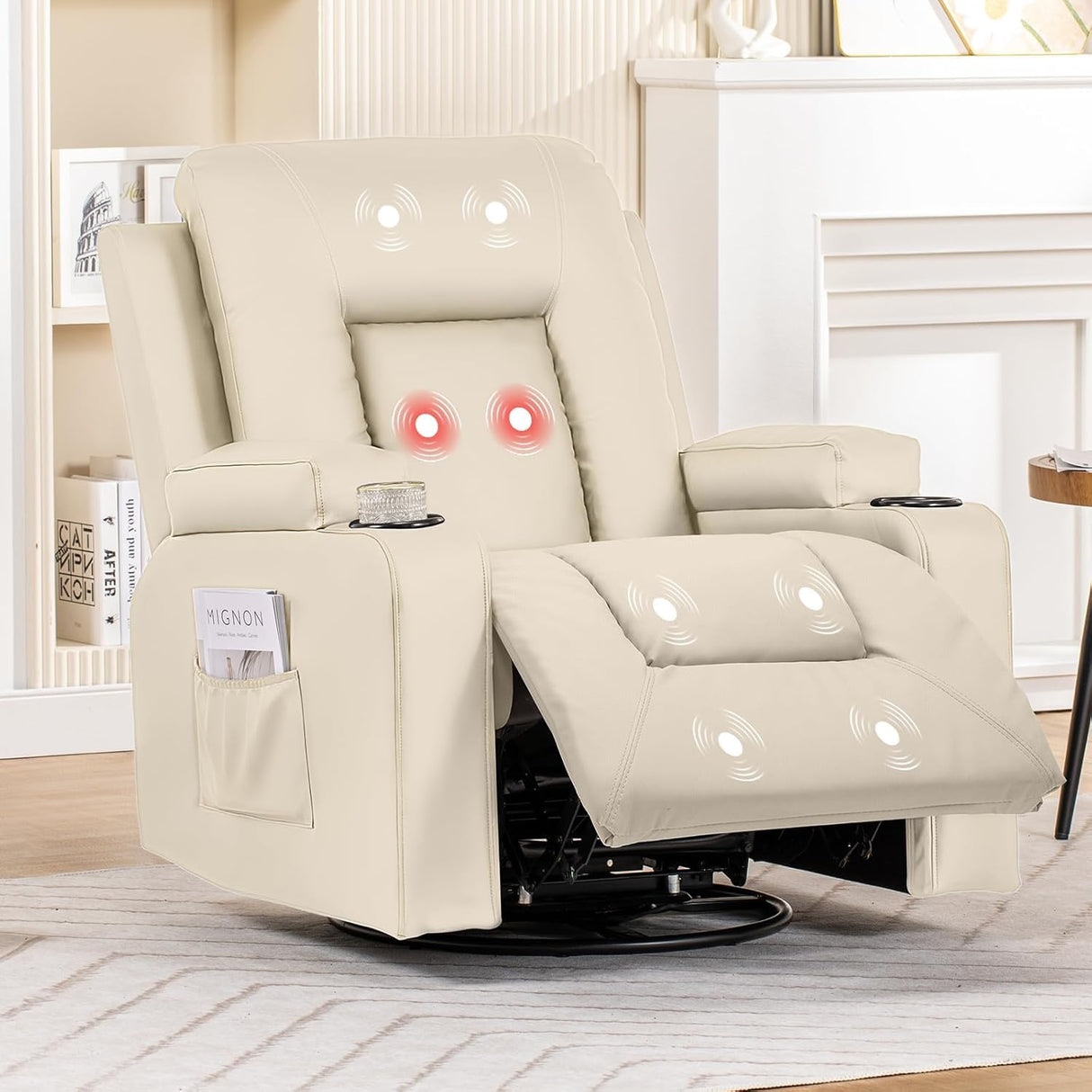 COMHOMA OMHOMA Recliner Chair, Swivel Rocker Recliners, Massage and Heat Reclining Chair, Reclining Sofa with Side Pockets, Cup Holders for Living Room, Bedroom (White) COMHOMA