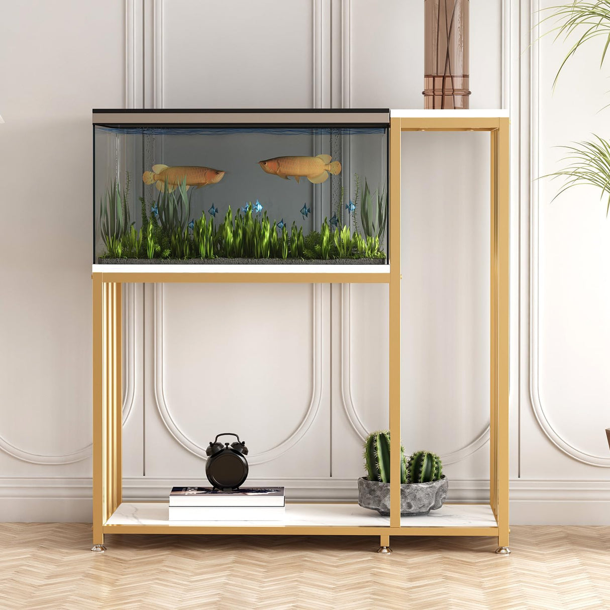 WOULHOMY 29 Gallon Fish Tank Stand, Metal Aquarium Stand with Shelves for Fish Tank Accessories Storage, Reptile Tank Turtle Terrariums Stand for Home Office (Gold) WOULHOMY