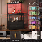 Bestier Bakers Rack with Power Outlet, Height-Adjustable 45" to 55" Kitchen Microwave Stand with Storage Cabinet, Coffee Bar Cabinet with LED Light, Kitchen Stand with 10 S-Hooks (Black) Bestier