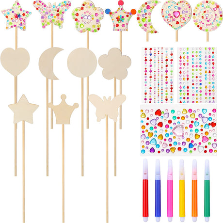 Yexiya 30 Pieces Princess Fairy Wand Kit - Make Your Own Wand with 21 Wooden Pieces,6 Watercolor Brushes,3 Gem Stickers Unfinished DIY Art Craft Kit for Party Supplies Yexiya