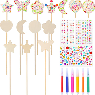 Yexiya 30 Pieces Princess Fairy Wand Kit - Make Your Own Wand with 21 Wooden Pieces,6 Watercolor Brushes,3 Gem Stickers Unfinished DIY Art Craft Kit for Party Supplies