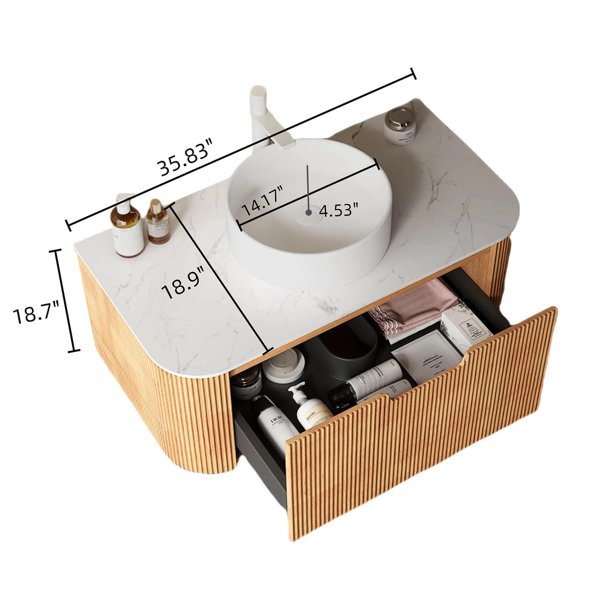 36 inch Bathroom Vanity with Sink, Floating Cabinet with Ultra-Thin Ceramic Basin and Marble Top, Large Storage Drawer, Soft-Close Design, Nature Wood AmbroVania