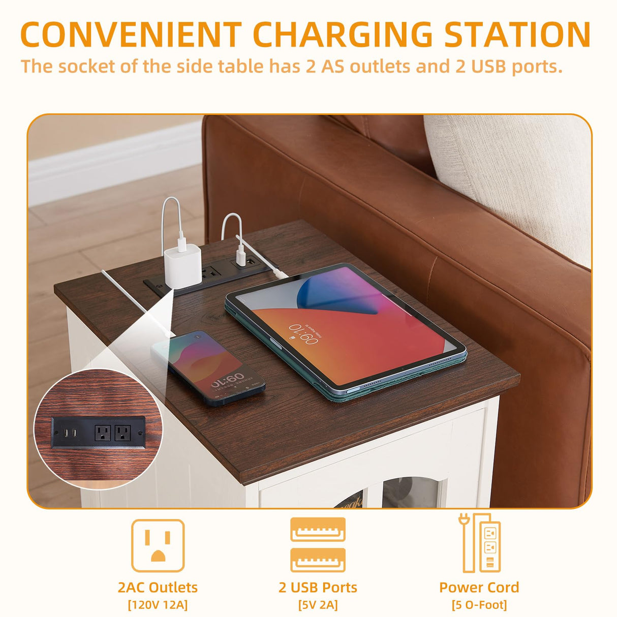 RWYHG Farmhouse End Table Set of 2 with Charging Station, 18'' Narrow Side Table and 24" Large Sofa Side Table with Glass Barn Door Storage, Wood Night Stand Bedside Table for Living Room,Bedroom RWYHG