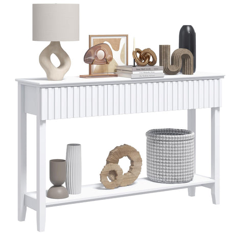 LAZZO Painted Wood Console Table Narrow Long Sofa Table Modern Behind Couch Table Fluted Entryway Table with 3 Drawers and Open Storage Shelf for Living Room, Foyer and Hallway White (White, 1 Tier) LAZZO