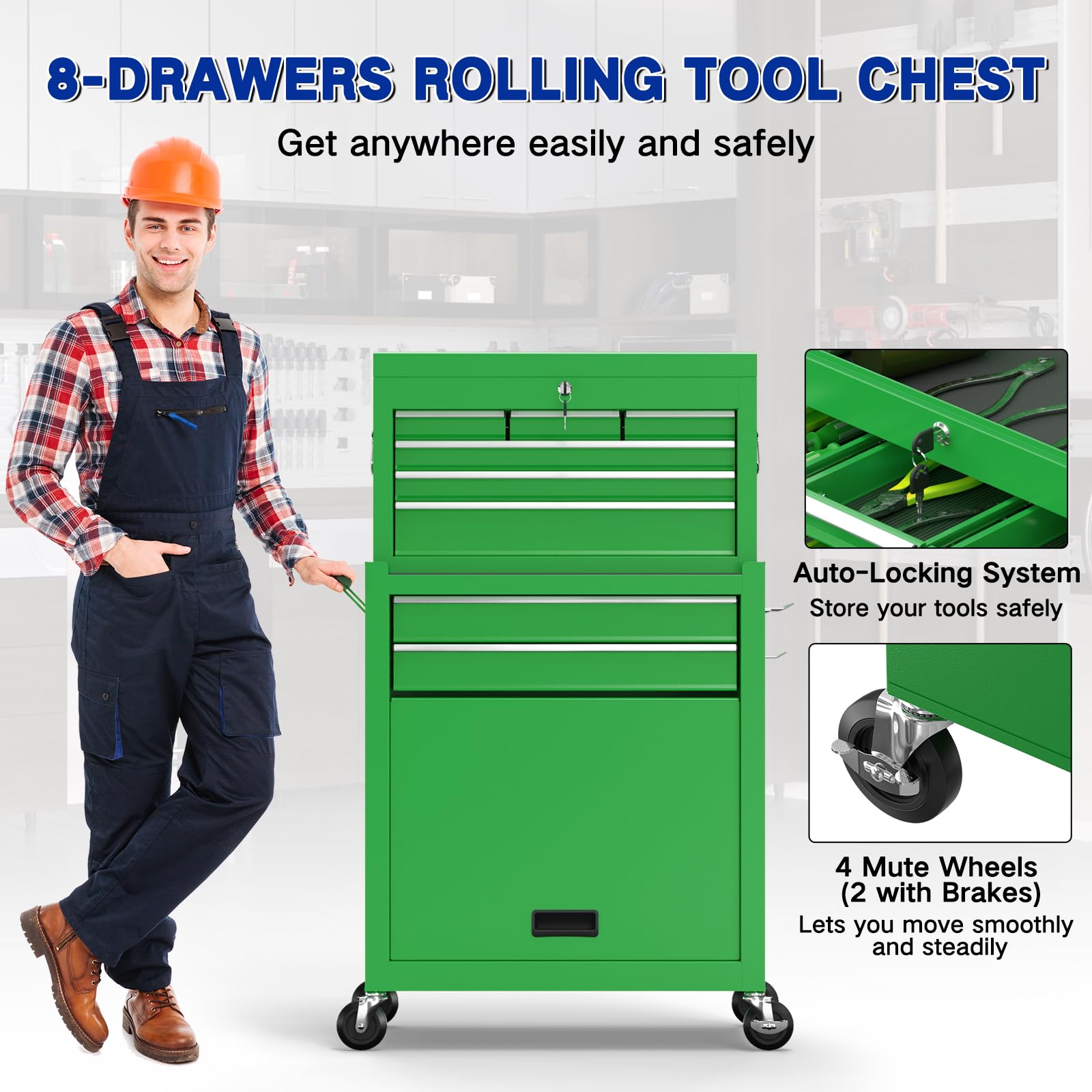 Kieperi 8-Drawer Large Capacity Rolling Tool Box, Tool Box with Wheels, Removable Rolling Tool Chest with Wheels and Drawers, Tool Cabinet with Lock for Workshop Mechanics Garage (Green) - WoodArtSupply