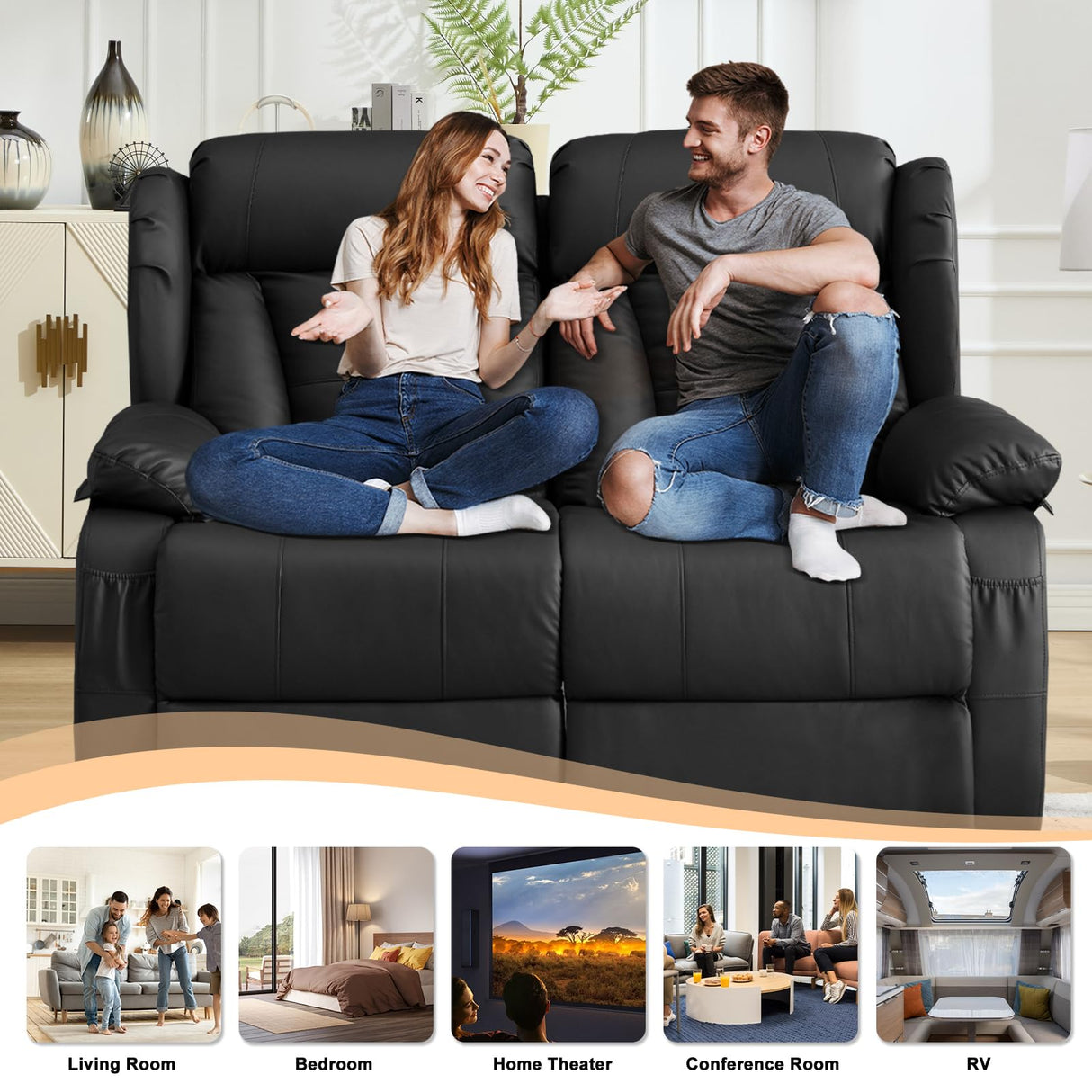 WISHDEER 58.3" Reclining Loveseat Sofa, RV Loveseat Recliner Couch - Home Theater Seating with Side Pockets for Living Room, Manual RV Recliners for Travel Trailers (Black, Loveseat) WISHDEER