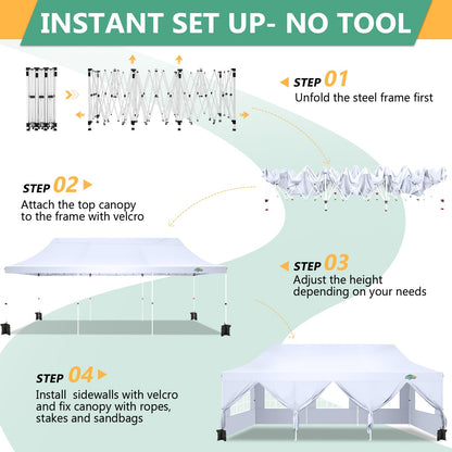 COBIZI 10x30 Pop Up Canopy Tent with 8 Removable Sidewalls, Easy Setup Canopy with Roller Bag & Sandbags，Waterproof and UPF50+ Gazebo Tent, Outdoor Gazebo for BBQ Party Wedding Events Tent, White