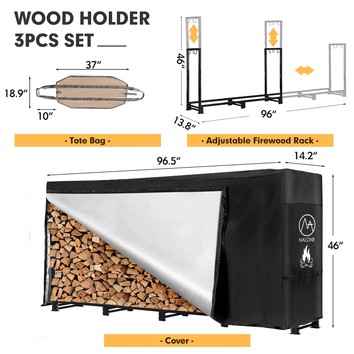 nalone 8FT Outdoor Firewood Rack with Cover&Carry Bag Heavy Duty Square Strong Stand Rack with Waterproof Cover for Fireplace Fire Pits Wood Pile Storage Holder Lumber Rack nalone