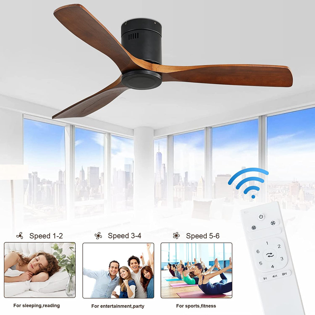 CACI Mall 52 Inch Ceiling Fan with Remote Control, Low Profile Flush Mount Ceiling Fan without Light, 3 Walnut Wood Ceiling Fan No Light, Noiseless Reversible ETL DC Motor with Timer CACI Mall