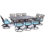Hanover Traditions 11-Piece Modern Outdoor Dining Set with Rust Resistant Cast Aluminum Rectangular Large Dining Table and 10 Swivel Rocker Chairs with Plush Weather Resistant Blue Cushions Hanover