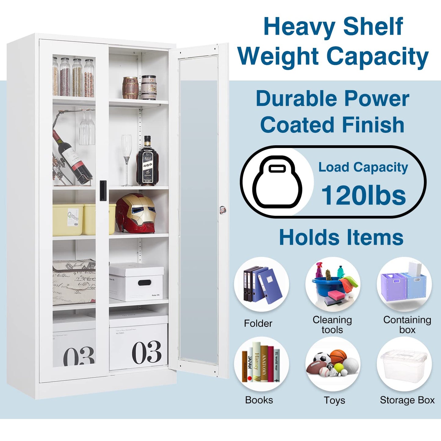 PEUKC Display Cabinet-71 Inches 4 Adjustable Shelves Curio Cabinets with Locking Glass Doors Display Case for Collectibles, Cosmetics, Hydroponics, Books (White,Assemble Required)