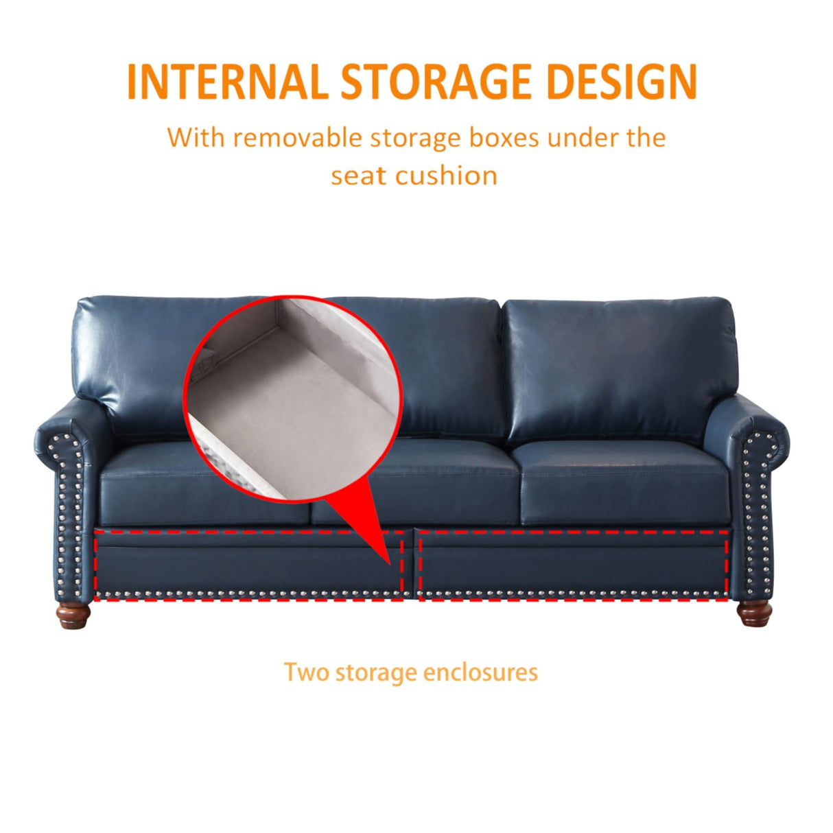 KEIKI 82.68" Chesterfield Sofa, Retro Style Upholstered Faux Leather PU Couch with Storage Space, Rolled Arm, Nailhead for Living Room Bedroom Office Apartment, Navy Blue KEIKI