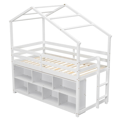 UOCFYK Twin Size House Loft Bed with Shelves & Roof for Kids Boys Girls, Solid Wood Bedframe w/Safety Guardrails & Wooden Slats Support,Easy Assemble & No Box Spring Needed, White