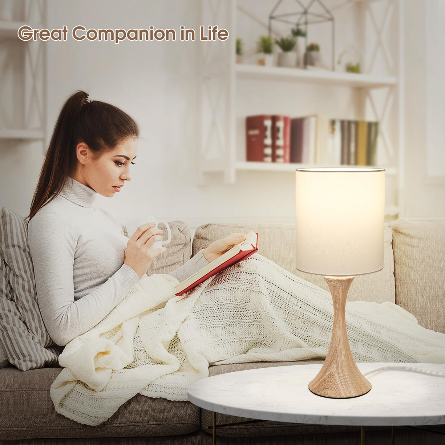 Bedside Touch Lamp, 3 Way Dimmable Touch Control Table Lamp, Wood Grain Farmhouse Table Lamp, Modern Nightstand Lamp with White Shade for Bedroom, Dorm, Office, 3000K LED Bulb Included - WoodArtSupply