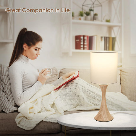 Bedside Touch Lamp, 3 Way Dimmable Touch Control Table Lamp, Wood Grain Farmhouse Table Lamp, Modern Nightstand Lamp with White Shade for Bedroom, Dorm, Office, 3000K LED Bulb Included Seaside village