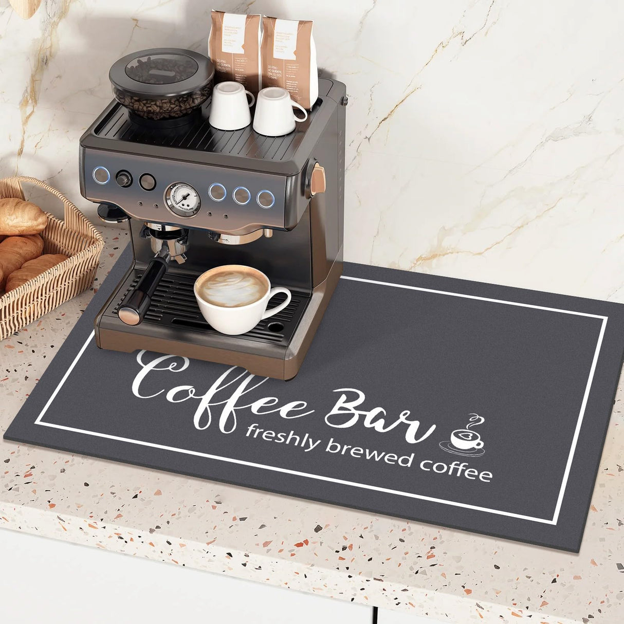 Findosom Dish Drying Mat, 12"x20" Absorbent Coffee Bar Mat for Countertops, Coffee Bar Accessories with Coffee Cup Pattern for Kitchen Counter Coffee Maker Coffee Pot Dining Room Decoration Findosom